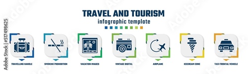 travel and tourism concept infographic design template. included travelling handle bag, smoking prohibition, vacation images, vintage digital photo camera, airplane, icecream cone, taxi frontal