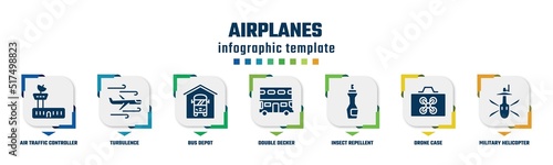 airplanes concept infographic design template. included air traffic controller, turbulence, bus depot, double decker, insect repellent, drone case, military helicopter bottom view icons and 7 option