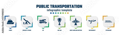 public transportation concept infographic design template. included ferry, aircraft stairs, rv, hot air, army airplane bottom view, watercraft, hyperloop icons and 7 option or steps.