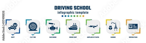 driving school concept infographic design template. included shift, flat tire, car engine, cruise ship, airplane of paper sheet, harbor, driving pass icons and 7 option or steps.