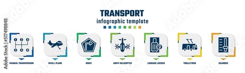 transport concept infographic design template. included manual transmission, small plane, right, army helicopter bottom view, luggage locker, trolleybus, gearbox icons and 7 option or steps.
