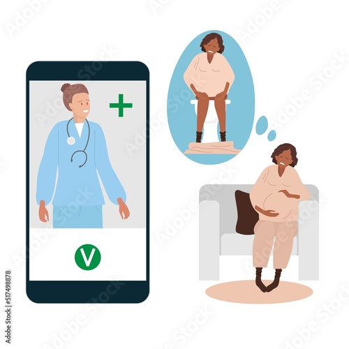 Online consultation with doctor. Pregnant woman complains of constipation. Doctor advises pregnant woman by phone. Sad pregnant African-American woman sits on chair at home. Vector illustration