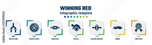 winning red concept infographic design template. included bicycle fork, weight plates, swiss bar, pilates, electric unicycle, goggle, first prize icons and 7 option or steps.