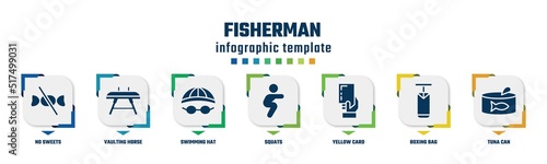 fisherman concept infographic design template. included no sweets, vaulting horse, swimming hat, squats, yellow card, boxing bag, tuna can icons and 7 option or steps.
