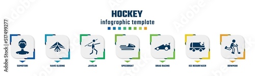 hockey concept infographic design template. included sumotori, hang gliding, javelin, speedboat, drag racing, ice resurfacer, bowman icons and 7 option or steps.