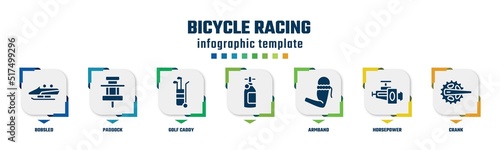 bicycle racing concept infographic design template. included bobsled, paddock, golf caddy, , armband, horsepower, crank icons and 7 option or steps.