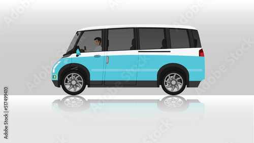 Concept vector illustration of detailed side of a flat two tone solor van car with driving man inside car. with shadow of car on reflected from the ground below. And isolated white background.