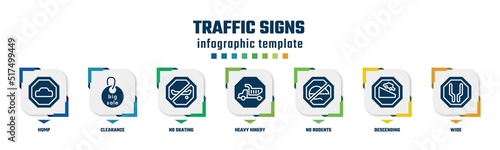 traffic signs concept infographic design template. included hump, clearance, no skating, heavy hinery, no rodents, descending, wide icons and 7 option or steps.