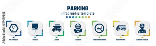 parking concept infographic design template. included no turn left, uneven, jitney, taxi stop, forbidden smoking, minivan taxi, parking worker icons and 7 option or steps.