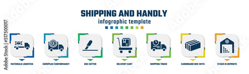 shipping and handly concept infographic design template. included materials logistics, european conformancy, use cutter, delivery cart, shipping truck, cardboard box with packing tape, stack in