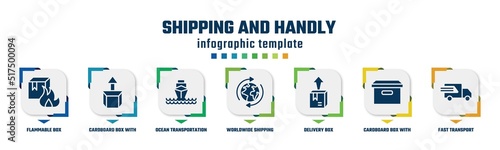 shipping and handly concept infographic design template. included flammable box, cardboard box with arrow, ocean transportation, worldwide shipping, delivery box, cardboard with lid, fast transport