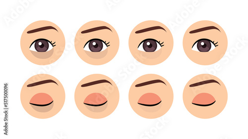 Dark Circles Under the Eye. Female Open and Closed Eye. Treatment of Peribital Circles. Before After. Healthy Skin. Color Cartoon style. White background. Vector image for Medical and Beauty design.