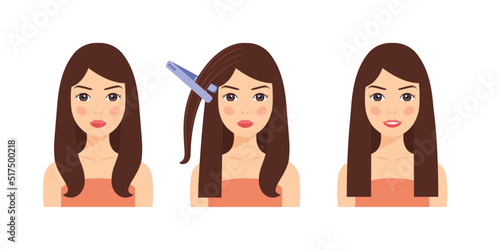 Brunette Woman and Hair Straightener. Before and After. Steps. Beautiful Straight Hair. Happy Young Lady Doing her Hair. Color Cartoon style. White background. Vector illustration for Beauty Design.