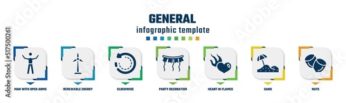 general concept infographic design template. included man with open arms, renewable energy label, clockwise, party decoration, heart in flames, sand, nuts icons and 7 option or steps.