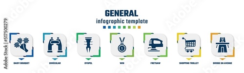 general concept infographic design template. included daisy bouquet, binocular, dyupel, win, fretsaw, shopping trolley, bridge on avenue perspective icons and 7 option or steps.