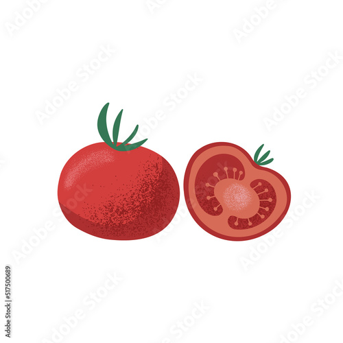 Hand drawn cute tomatoes, whole and sliced in flat style with grainy texture. Isolated on white background vector illustration