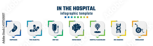 in the hospital concept infographic design template. included esophagus, two color pill, drip bag, human brain, hospital placeholder, dna sequence, wheelchair icons and 7 option or steps.
