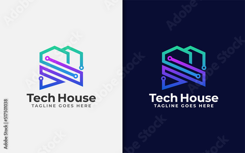 Abstract Tech House Logo Design. Modern House Symbol and Tech Element Combination with Stylish Geometric Lines Concept.