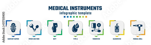 medical instruments concept infographic design template. included sanitary napkin, spoon and fork, butt, type a, tonometer, glucometer, medical drill icons and 7 option or steps.