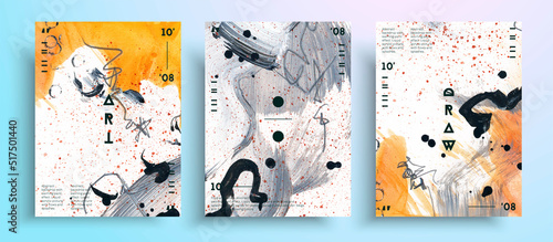 Abstract vector poster, set of modern design art covers. Contemporary expressionism with brushstrokes of paint, stains and pencil strokes. Can be used as background, wall print or poster.
