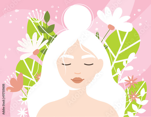 Young beautiful girl on a floral background. Calm smiling woman with flowers flat cartoon vector illustration. Confidence, self-acceptance, self-care, mindfulness and mental health concept