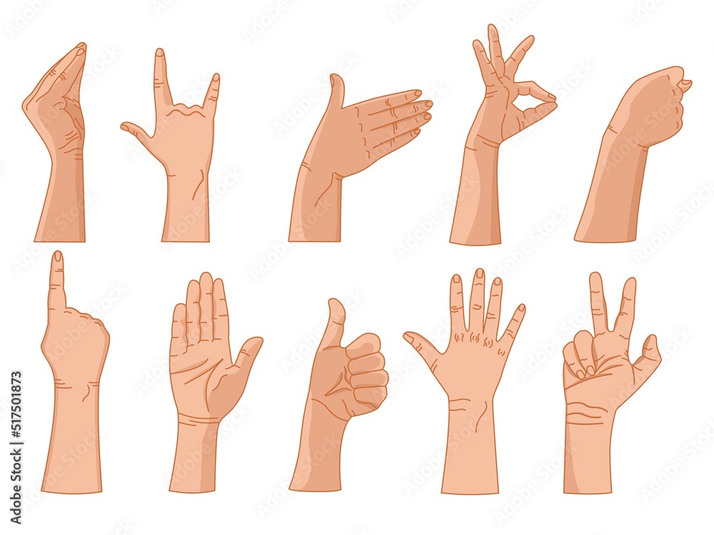 Gestures with the fingers of the hand. Set of color images. Vector. Used for tables, magazines, prints, signs, stickers, web design. Gestures with the fingers of the hand. Set of color images. Vector. Used for tables, magazines, prints, signs, stickers, web design.