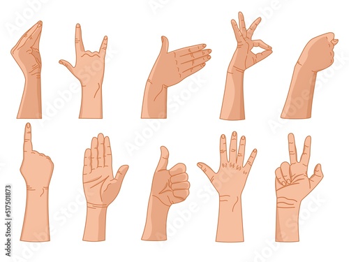 Gestures with the fingers of the hand. Set of color images. Vector. Used for tables, magazines, prints, signs, stickers, web design.