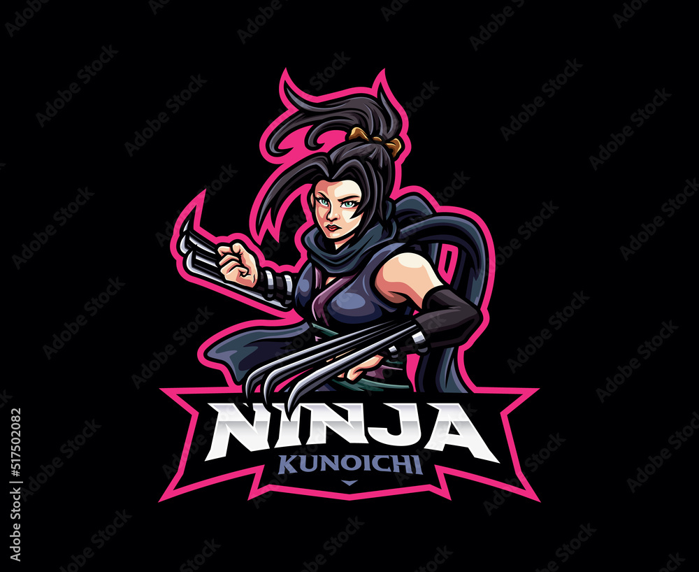 Female ninja mascot logo design. Vector illustration ninja using hand claws weapon. Logo illustration for mascot or symbol and identity, emblem sports or e-sports gaming team