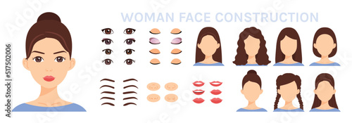 Woman Face Construction. Set of Lips Noses and Brows. Eyes Open and Closed. Create a Caucasian Female Character. Avatar. Hairstyles and Haircuts for Lady. Cartoon Color style. White background. Vector
