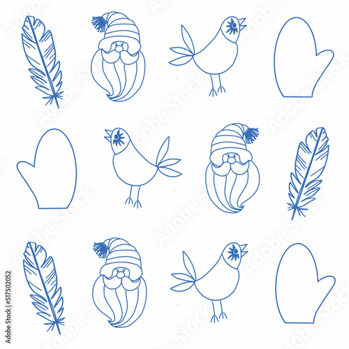 santa claus,mitten,feather,gift packed in a box,christmas tree,bird,toy,gingerbread man,christmas star,heart,snowman,star,vector, pattern, illustration, animal, cartoon, seamless, design, decoration, 