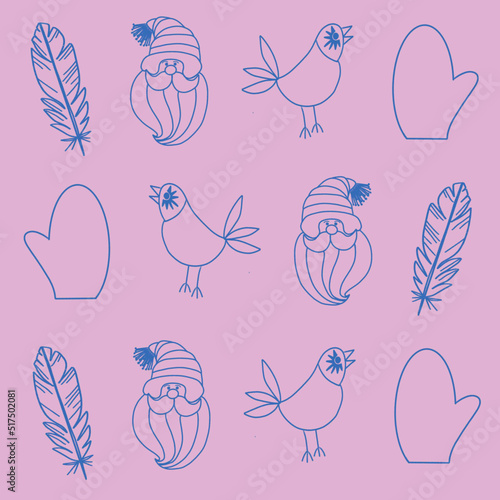 santa claus,mitten,feather,gift packed in a box,christmas tree,bird,toy,gingerbread man,christmas star,heart,snowman,star,vector, pattern, illustration, animal, cartoon, seamless, design, decoration, 