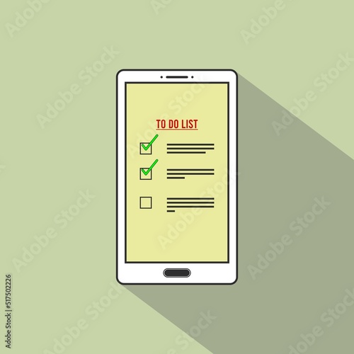 Illustration of a to do list application on a white smartphone. Check every activity. Colored background.
