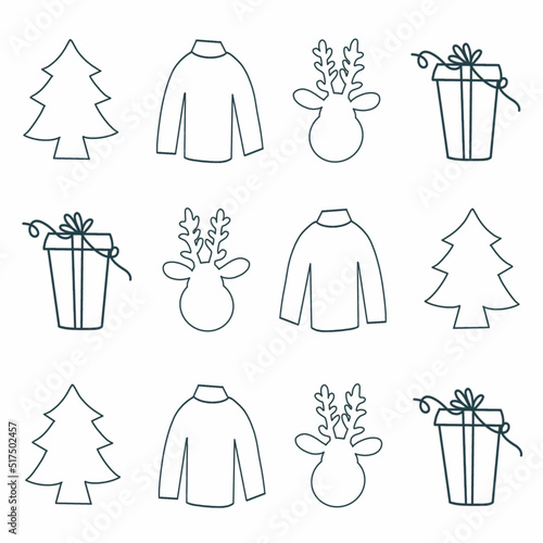 santa claus,mitten,feather,gift packed in a box,christmas tree,bird,toy,gingerbread man,christmas star,heart,snowman,star,vector, pattern, illustration, animal, cartoon, seamless, design, decoration, 