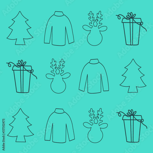 santa claus,mitten,feather,gift packed in a box,christmas tree,bird,toy,gingerbread man,christmas star,heart,snowman,star,vector, pattern, illustration, animal, cartoon, seamless, design, decoration, 
