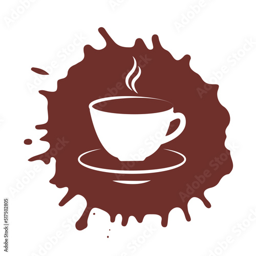 Coffee cup on the brown coffee spot. Digital vector trendy illustration for coffee shop design. Logo. Cafe banner packaging sticker flyer poster menu. Stylish picture.