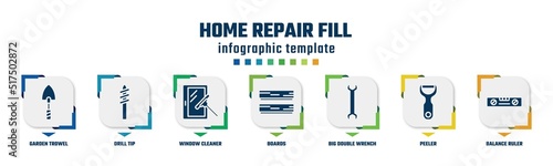 home repair fill concept infographic design template. included garden trowel, drill tip, window cleaner, boards, big double wrench, peeler, balance ruler icons and 7 option or steps.