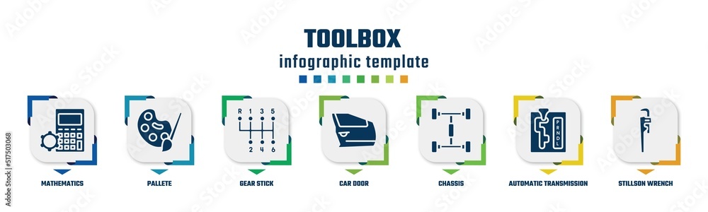 toolbox concept infographic design template. included mathematics, pallete, gear stick, car door, chassis, automatic transmission, stillson wrench icons and 7 option or steps. toolbox concept infographic design template. included mathematics, pallete, gear stick, car door, chassis, automatic transmission, stillson wrench icons and 7 option or steps.
