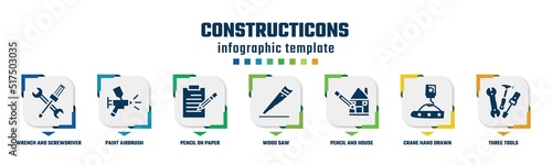 constructicons concept infographic design template. included wrench and screwdriver cross, paint airbrush, pencil on paper sheet, wood saw, pencil and house draw, crane hand drawn tool, three tools