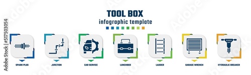 tool box concept infographic design template. included spark plug, junction, car service, lunchbox, ladder, garage wrench, hydraulic breaker icons and 7 option or steps.