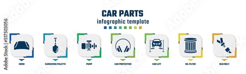 car parts concept infographic design template. included hood, gardening palette, pump, ear protection, car lift, oil filter, seatbelt icons and 7 option or steps.