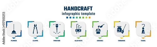 handcraft concept infographic design template. included plunger, clamps, puncture, allen keys, crucible, turquoise, tassel icons and 7 option or steps.