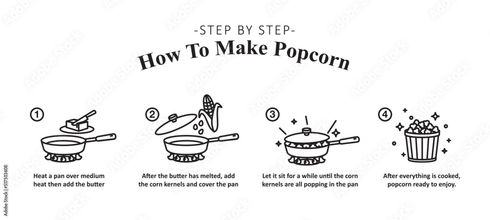 Infographics how to make popcorn. instructions in line icon style. Vector illustration.