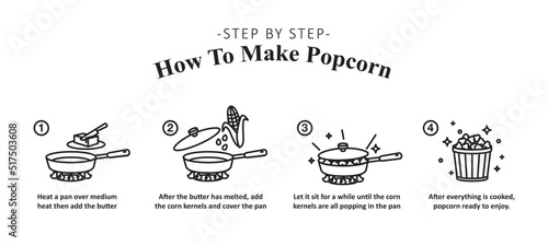 Infographics how to make popcorn. instructions in line icon style. Vector illustration.
