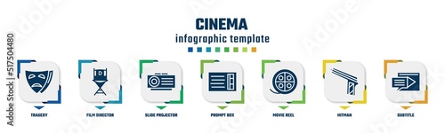cinema concept infographic design template. included tragedy, film director, slide projector, prompt box, movie reel, hitman, subtitle icons and 7 option or steps.