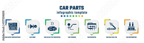 car parts concept infographic design template. included car glove compartment, car horn, catalytic converter, towbar, demister, seat belt or safety belt, distributor cap icons and 7 option or steps.