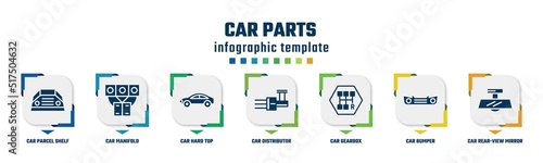 car parts concept infographic design template. included car parcel shelf, car manifold, hard top, distributor, gearbox, bumper, rear-view mirror icons and 7 option or steps.