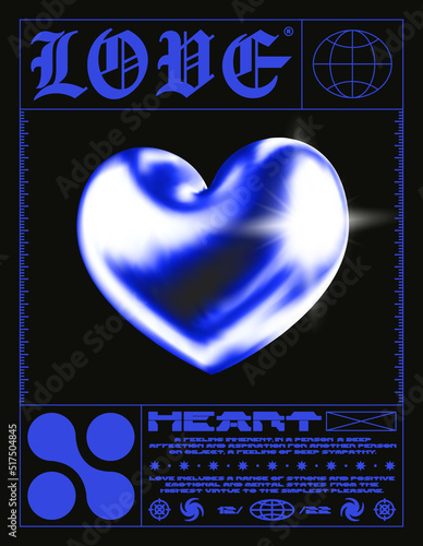 Futuristic poster with 3D heart. Stylish print in techno style for streetwear, print for t-shirts and sweatshirts on a black background