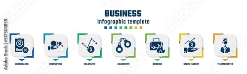 business concept infographic design template. included uneducated, corruption, volatility, handcuffs, burning, stock market, telemarketer icons and 7 option or steps.