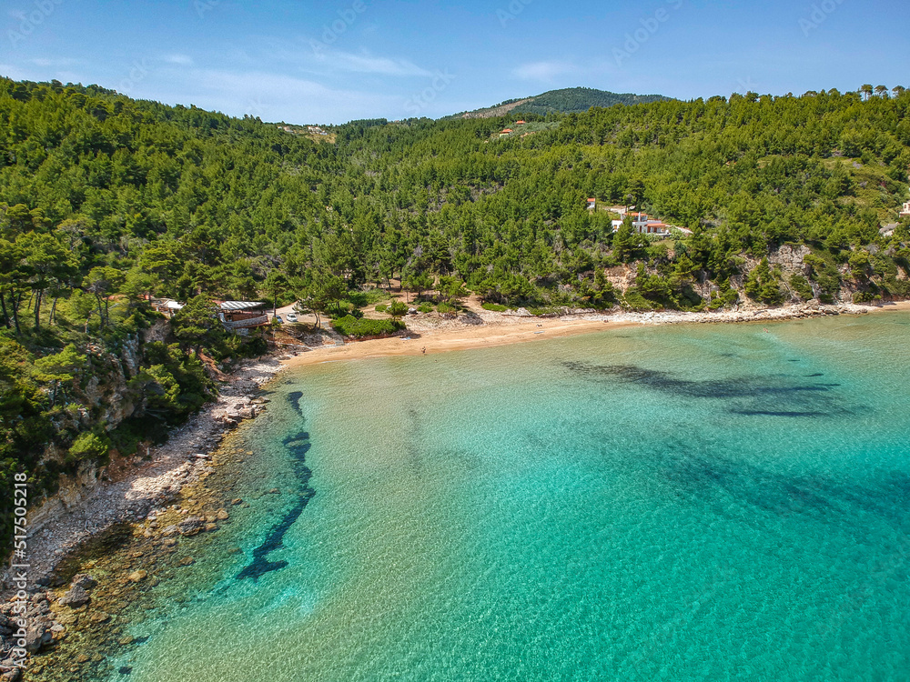 Aerial view over Chrisi Milia beach and the rocky surrounded area in Alonissos island, Greece Aerial view over Chrisi Milia beach and the rocky surrounded area in Alonissos island, Greece