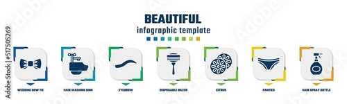 beautiful concept infographic design template. included wedding bow tie, hair washing sink, eyebrow, disposable razor, citrus, panties, hair spray bottle icons and 7 option or steps.